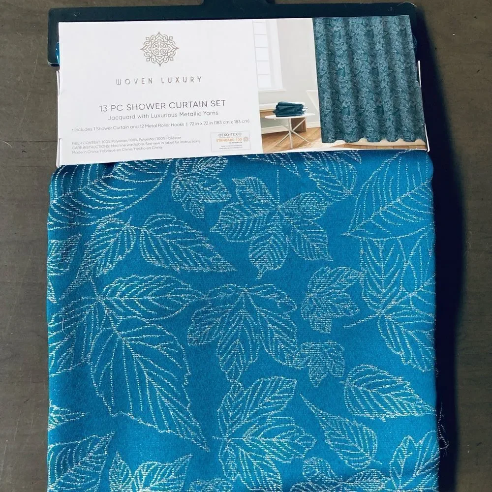 Blue Silver Leaves Heavyweight Complete Fabric Shower Curtain Set